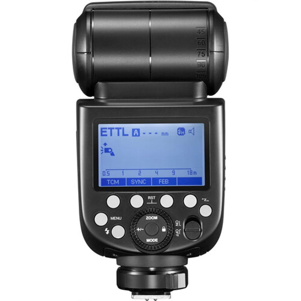 Godox TT685C II Canon flash with tilt/rotate head, TCM manual mode, wireless master/slave, and USB-C for firmware updates.