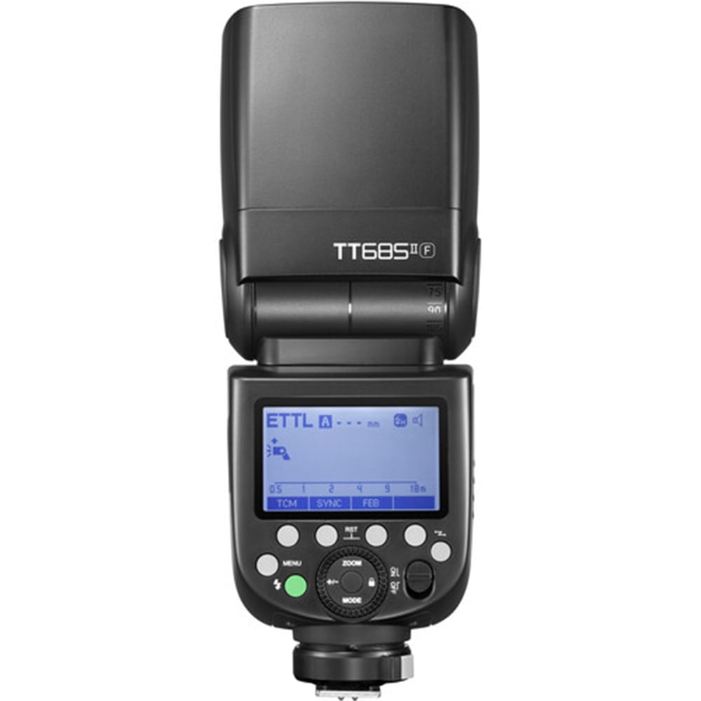 Godox TT685F II Flash for Fujifilm TTL with high-speed sync, manual power control, optical master/slave mode, quick-release lock, and USB‑C port.