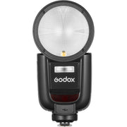Godox V1 Pro round-head speedlight for Sony, featuring a circular flash head, detachable sub-flash module, and lithium-ion battery grip.