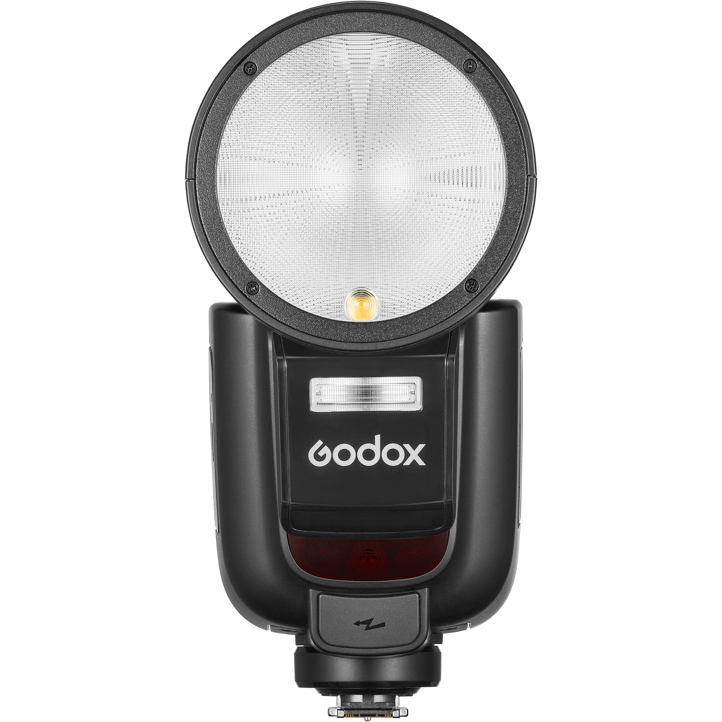 Godox V1 Pro round-head speedlight for Sony, featuring a circular flash head, detachable sub-flash module, and lithium-ion battery grip.