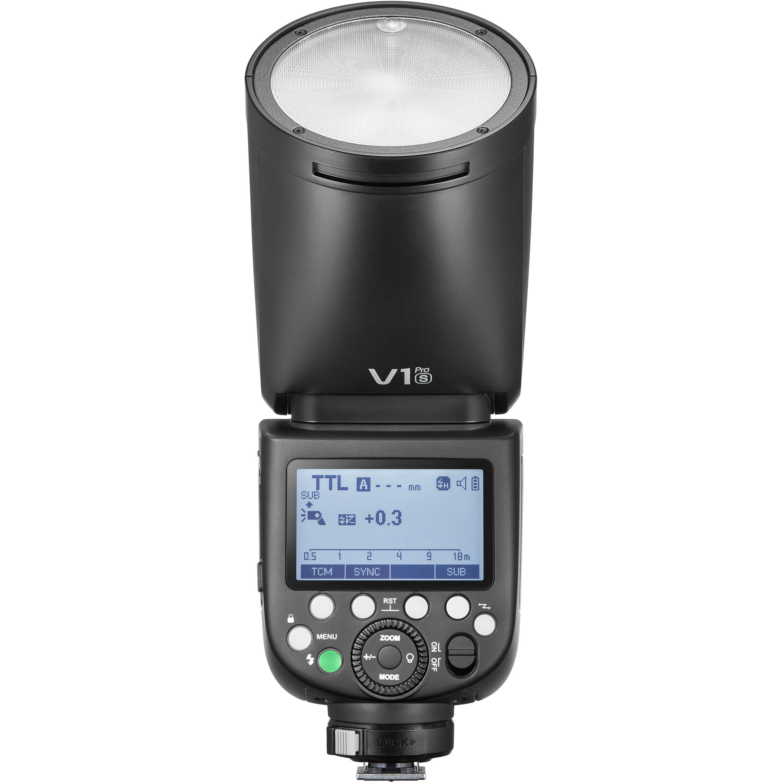 Godox V1 Pro round-head speedlight for Sony, featuring a circular flash head, detachable sub-flash module, and lithium-ion battery grip.
