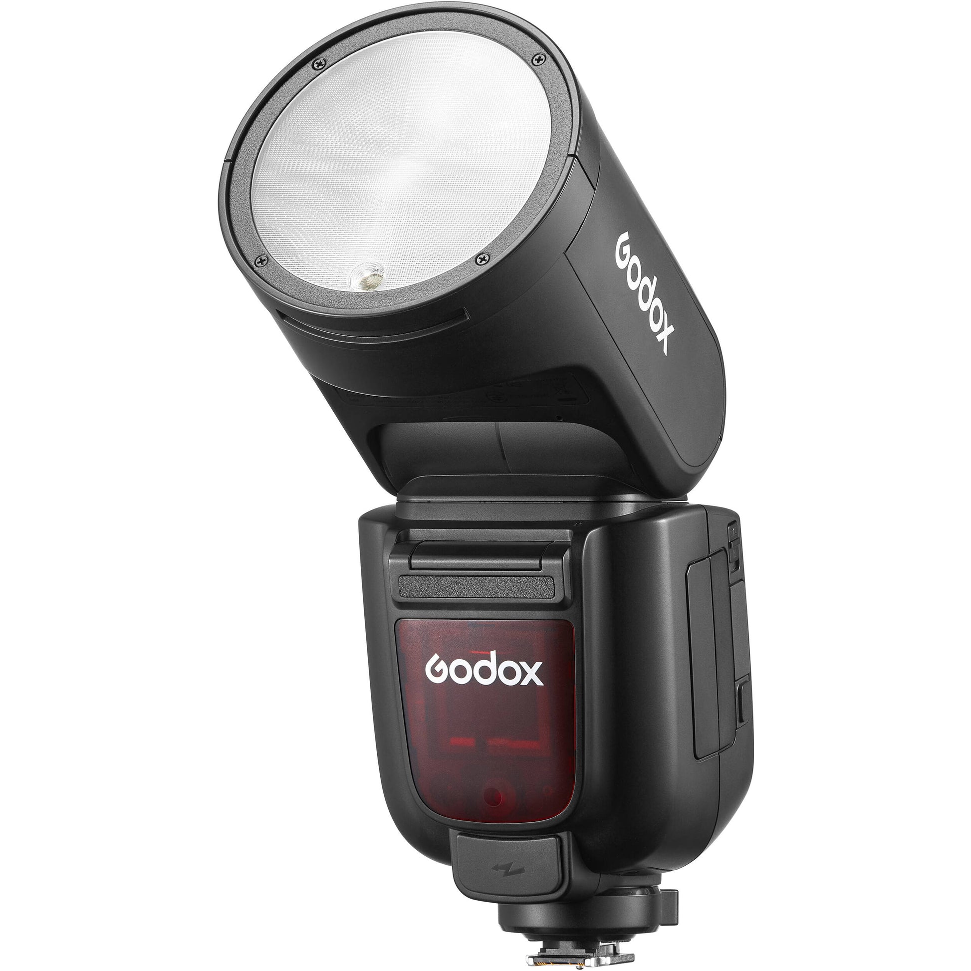 Godox V1 Pro round-head speedlight for Sony, featuring a circular flash head, detachable sub-flash module, and lithium-ion battery grip.