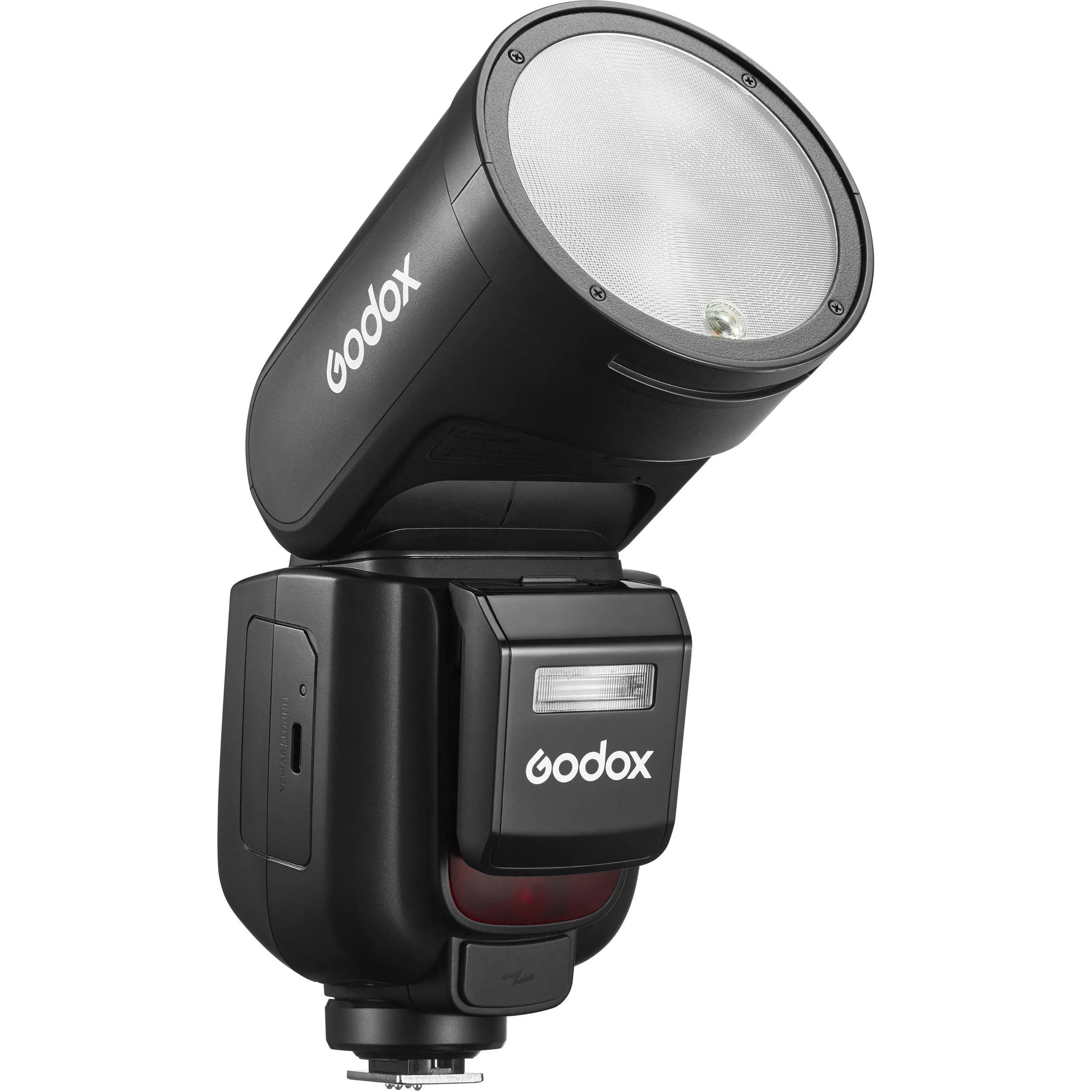 Godox V1 Pro round-head speed-light for Canon with detachable sub-flash, LED modeling lamp, and lithium-ion battery.