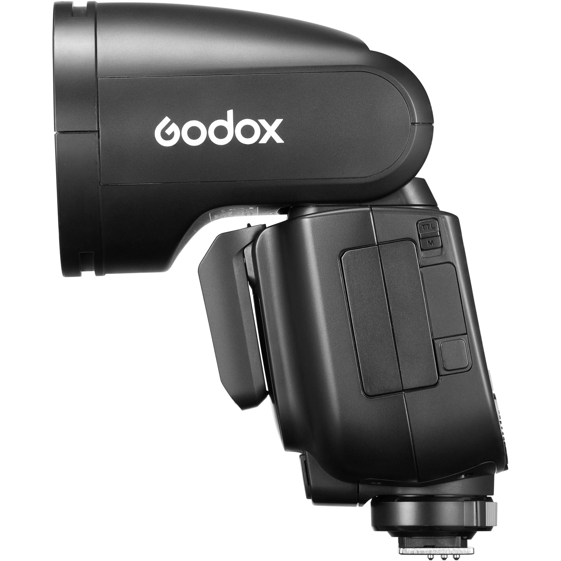 Godox V1 Pro round-head speed-light for Canon with detachable sub-flash, LED modeling lamp, and lithium-ion battery.
