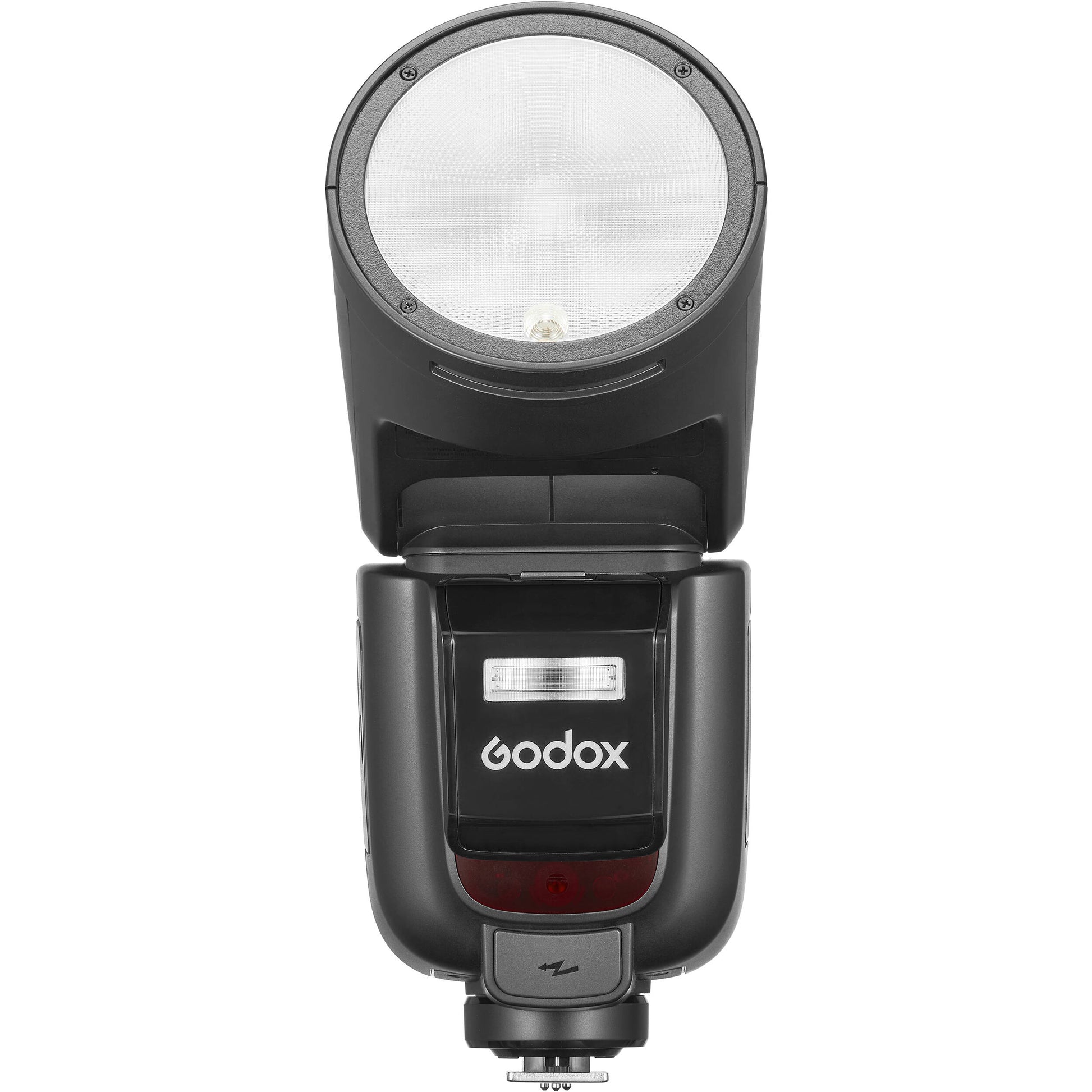 Godox V1 Pro round-head speedlight for Fujifilm—circular flash head with detachable sub-flash, modeling LED, and lithium-ion battery grip.
