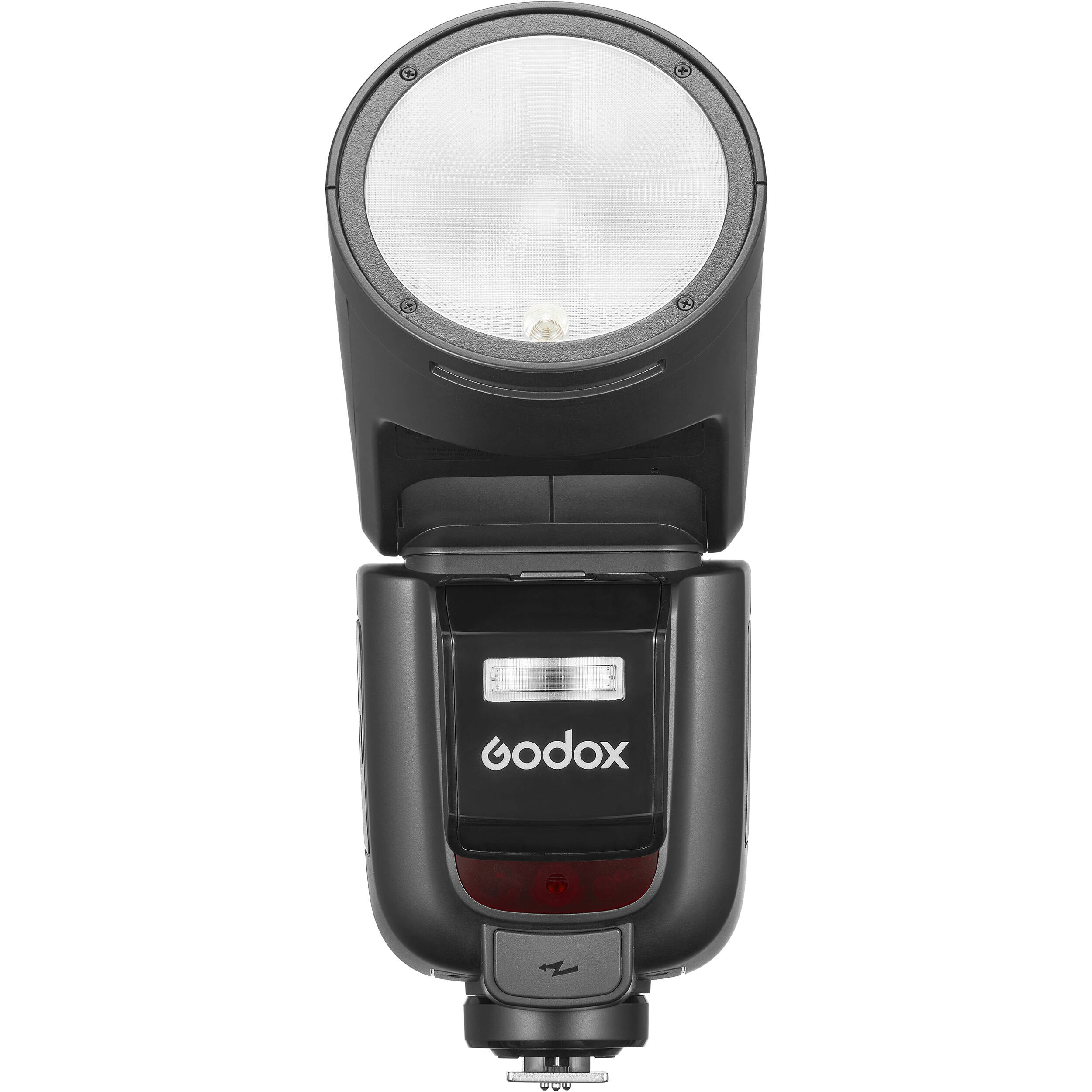 Godox V1 Pro round-head speedlight for Fujifilm—circular flash head with detachable sub-flash, modeling LED, and lithium-ion battery grip.