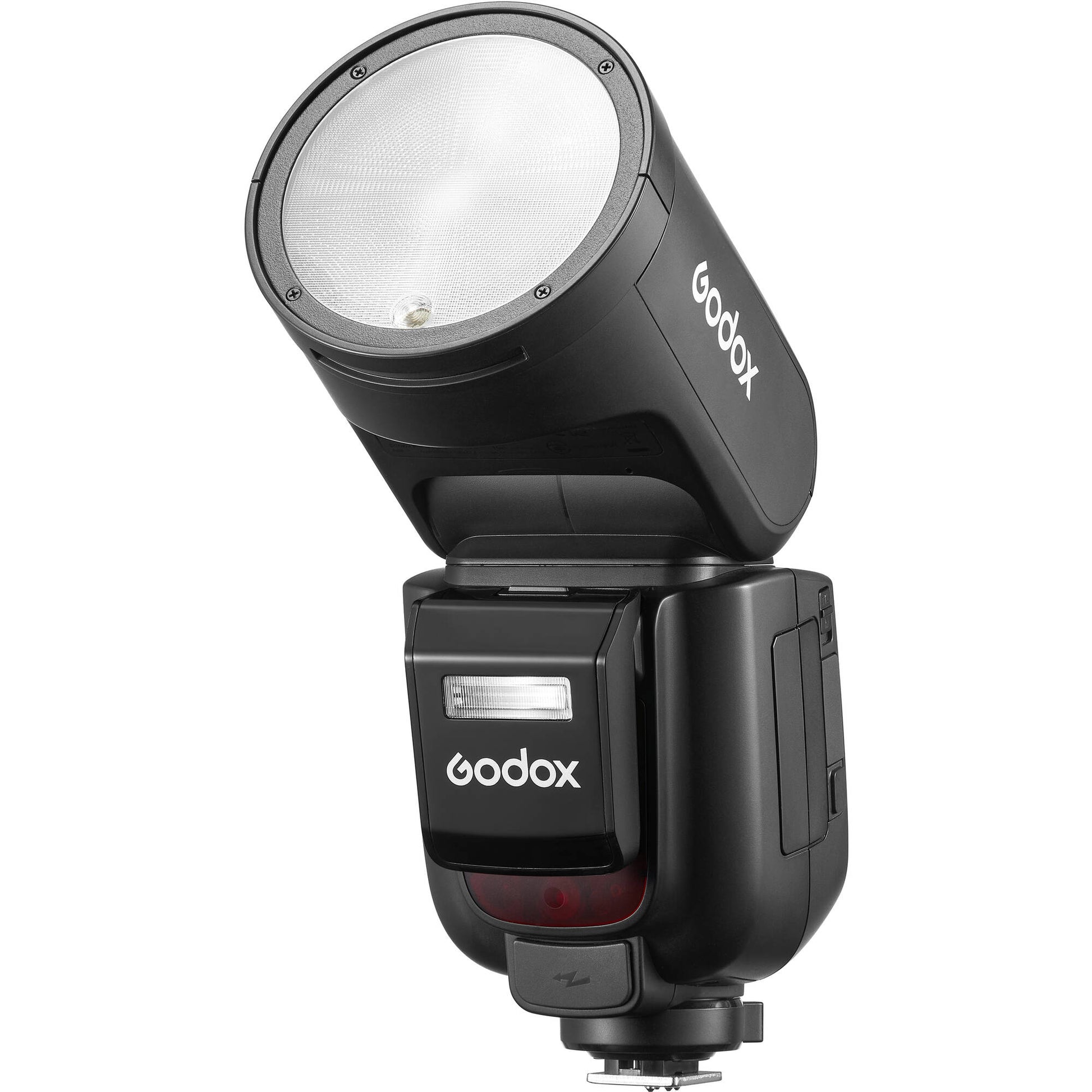 Godox V1 Pro round-head speedlight for Fujifilm—circular flash head with detachable sub-flash, modeling LED, and lithium-ion battery grip.