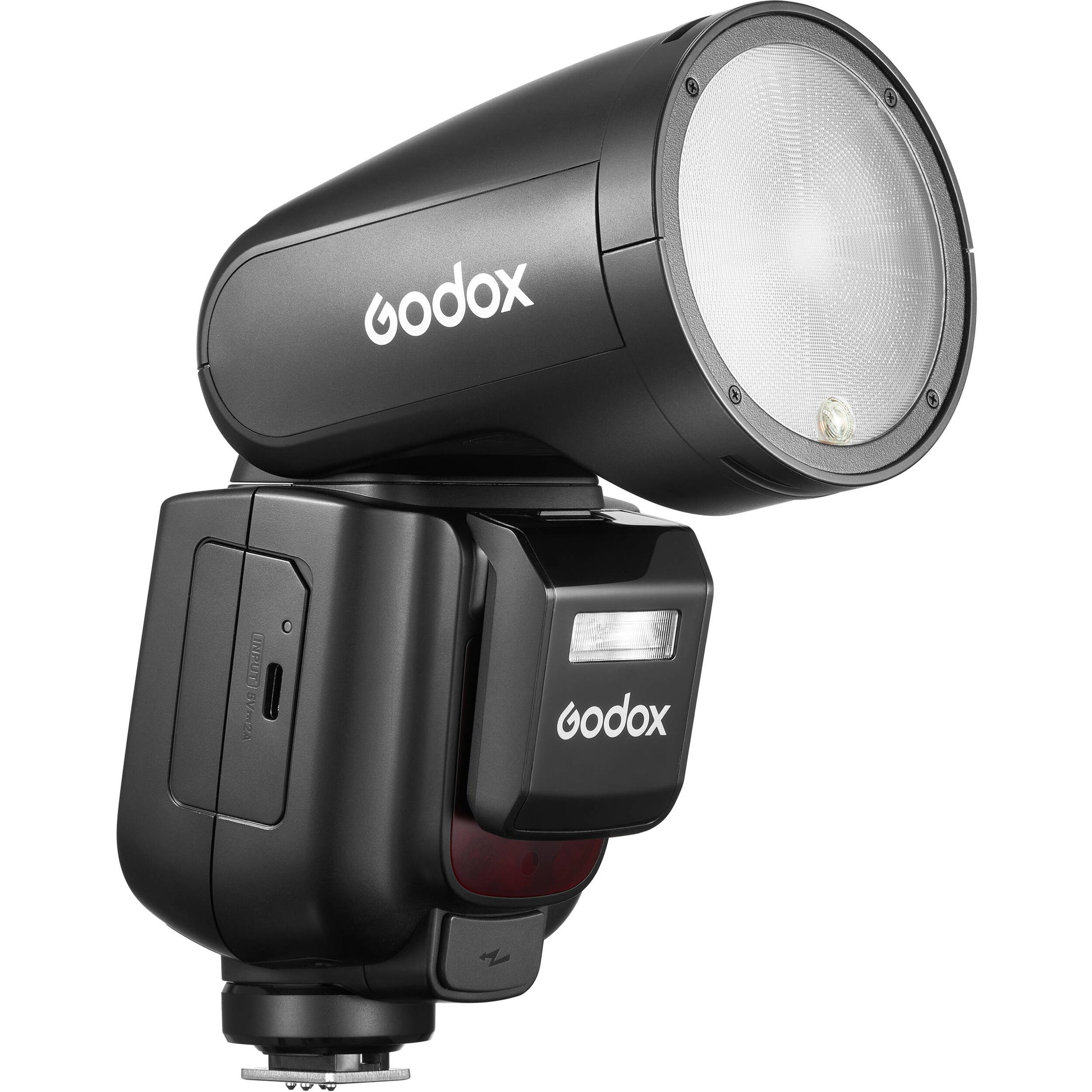 Godox V1 Pro round-head speedlight for Fujifilm—circular flash head with detachable sub-flash, modeling LED, and lithium-ion battery grip.