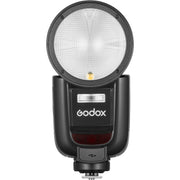 Godox V1 Pro round-head speedlight for Nikon — circular TTL flash head with detachable sub-flash, built-in modeling LED, and rechargeable lithium-ion battery grip.