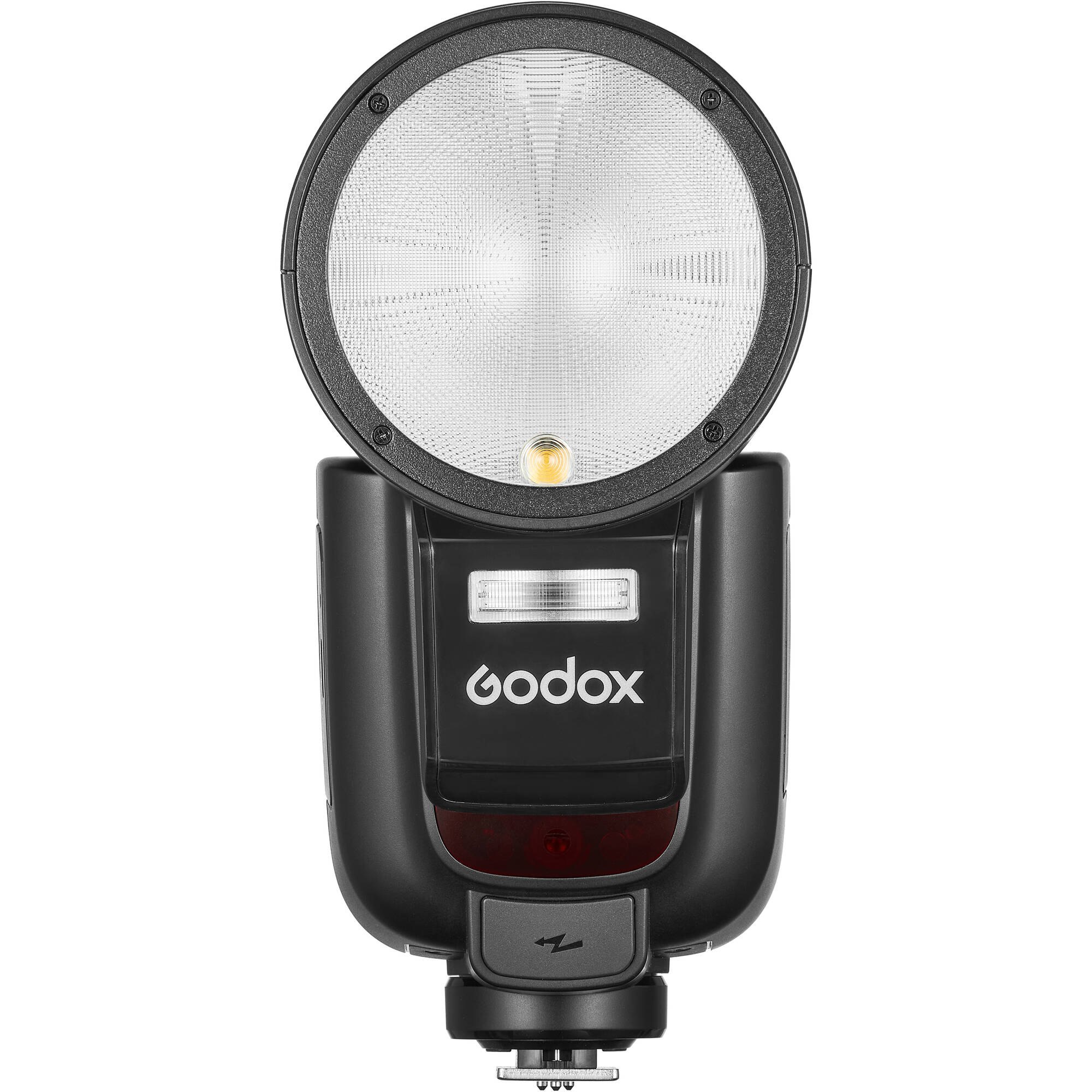 Godox V1 Pro round-head speedlight for Nikon — circular TTL flash head with detachable sub-flash, built-in modeling LED, and rechargeable lithium-ion battery grip.