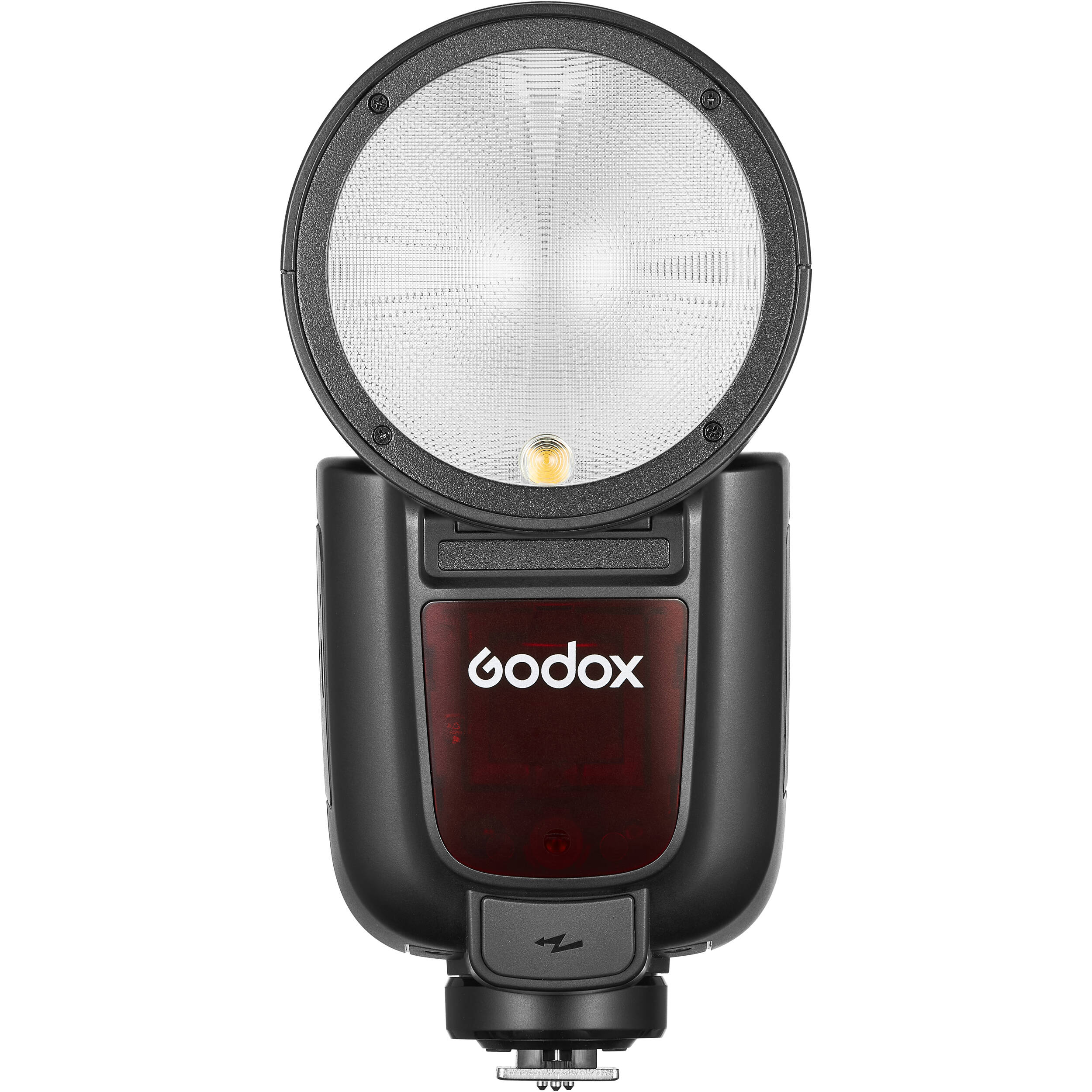 Godox V1 Pro round-head speedlight for Nikon — circular TTL flash head with detachable sub-flash, built-in modeling LED, and rechargeable lithium-ion battery grip.