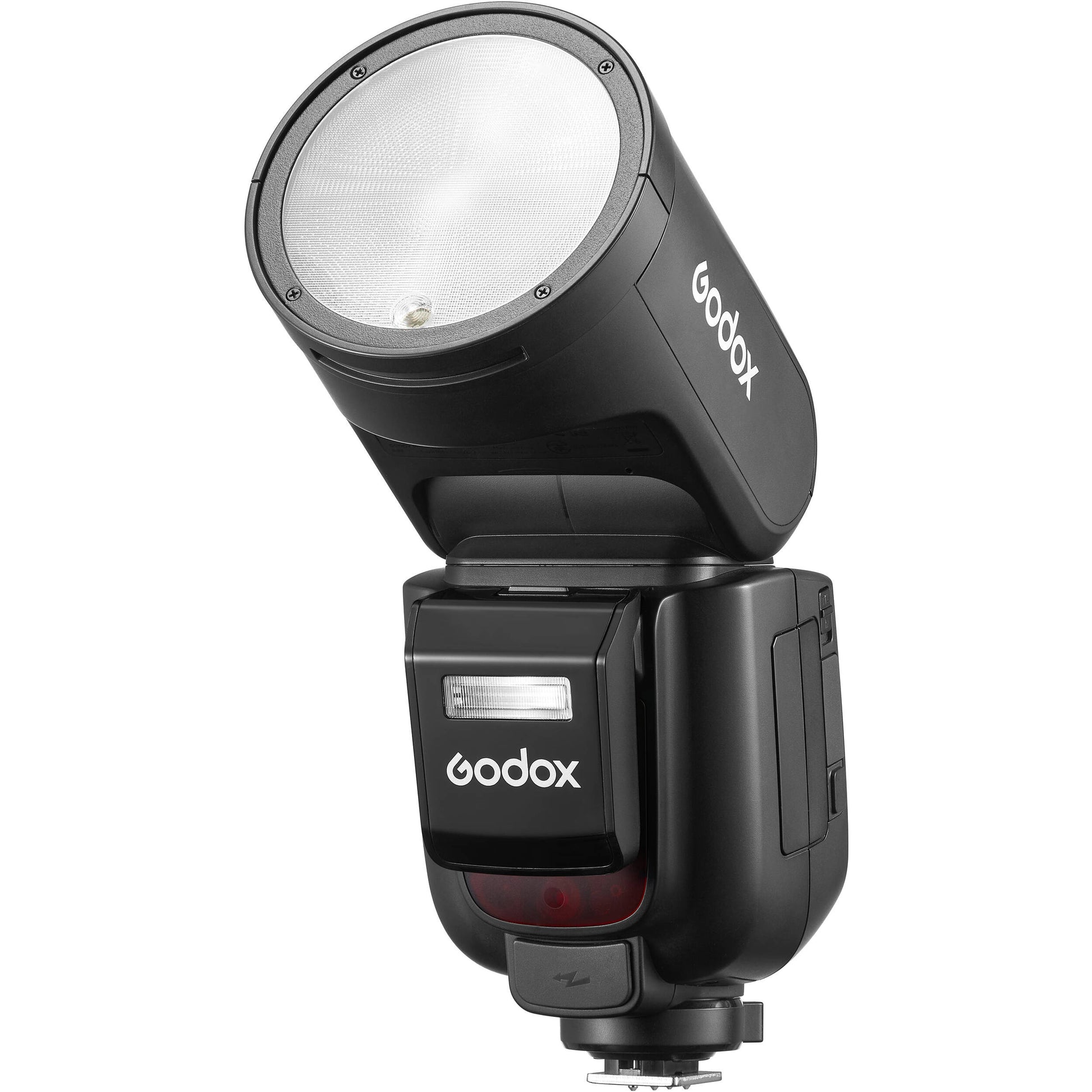 Godox V1 Pro round-head speedlight for Nikon — circular TTL flash head with detachable sub-flash, built-in modeling LED, and rechargeable lithium-ion battery grip.