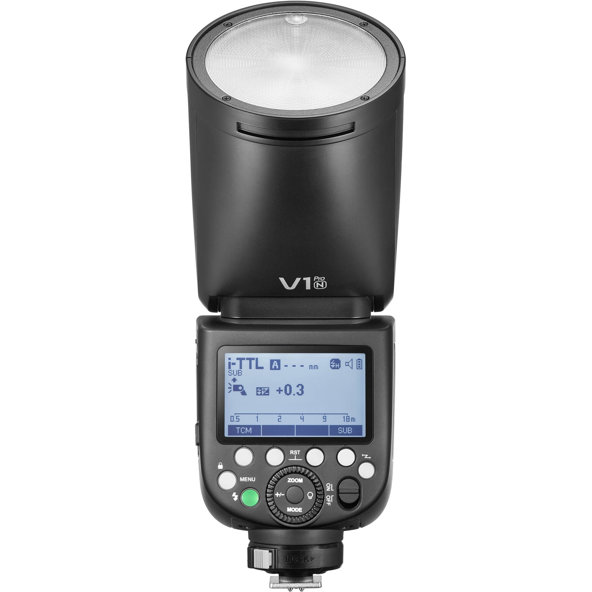 Godox V1 Pro round-head speedlight for Nikon — circular TTL flash head with detachable sub-flash, built-in modeling LED, and rechargeable lithium-ion battery grip.