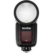 Godox V1-N round-head speedlight for Nikon with circular flash head, control panel, and removable lithium-ion battery.