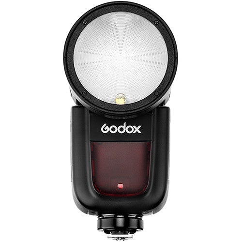 Godox V1-N round-head speedlight for Nikon with circular flash head, control panel, and removable lithium-ion battery.