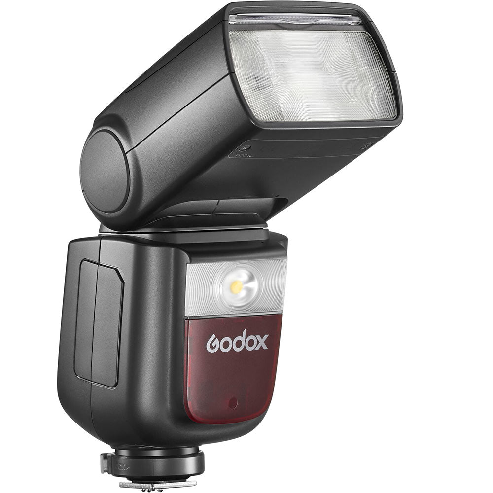 Godox V860 III speedlight for Canon, black flash unit with flip-up head, display panel, removable lithium battery, and accessories.