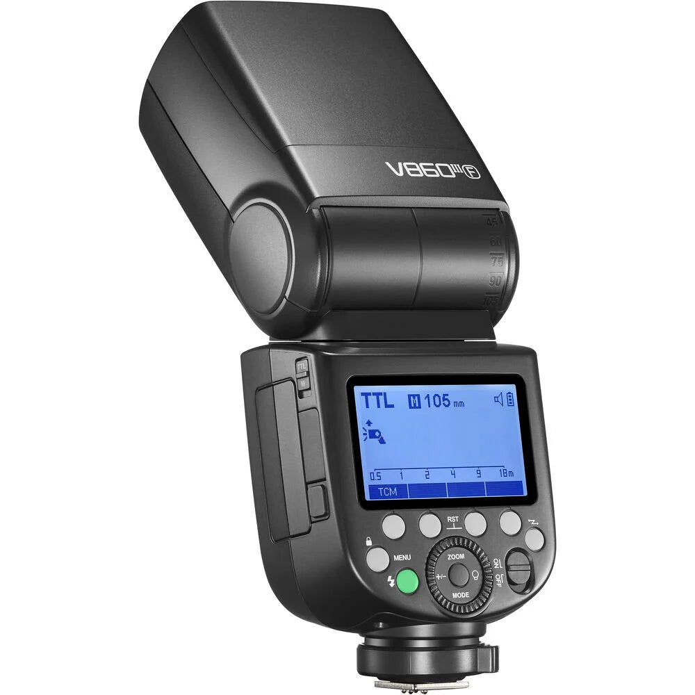 Godox V860 III speedlight for Fujifilm – black flash unit with tilting head, LCD panel, and removable lithium battery.