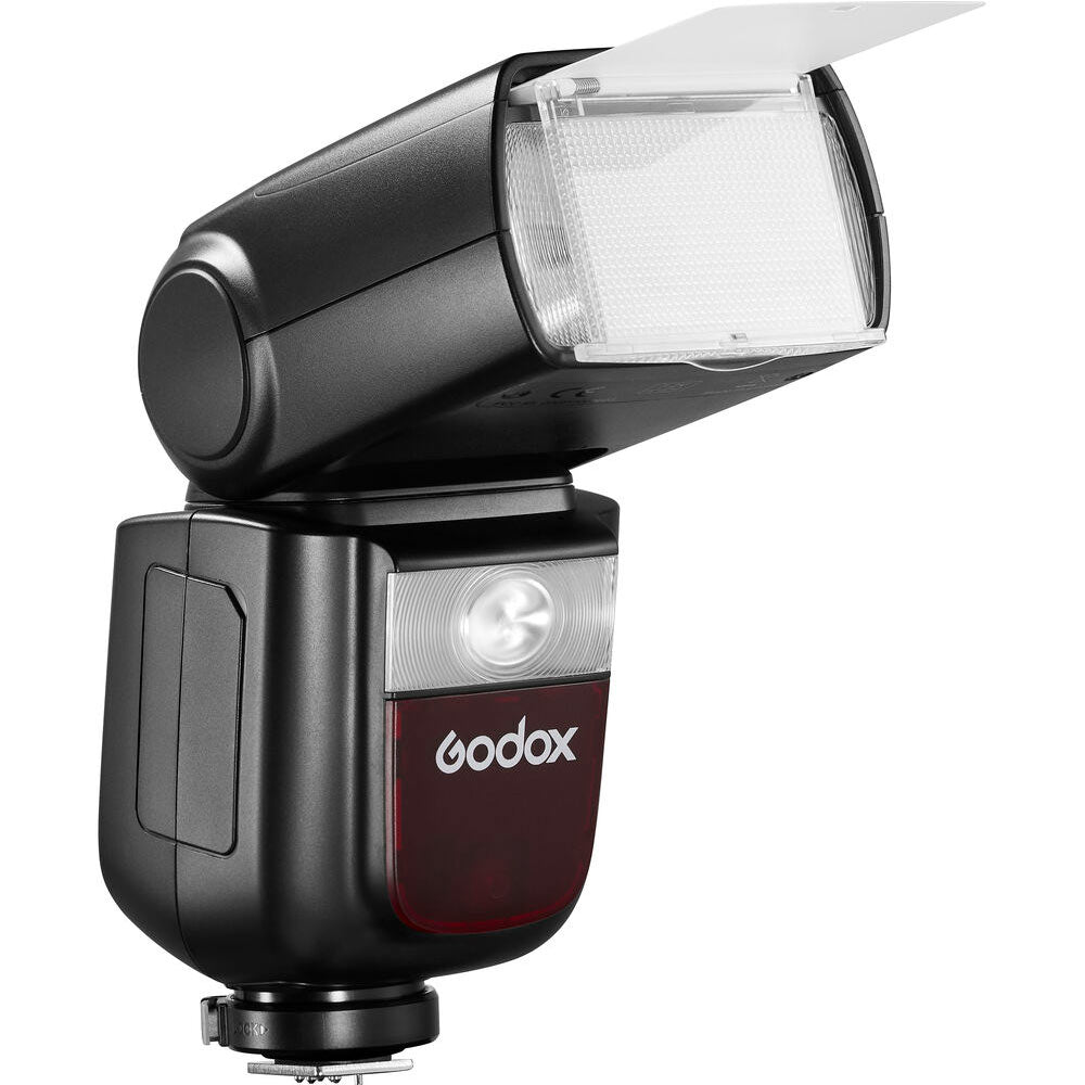 Godox V860 III speedlight for Fujifilm – black flash unit with tilting head, LCD panel, and removable lithium battery.