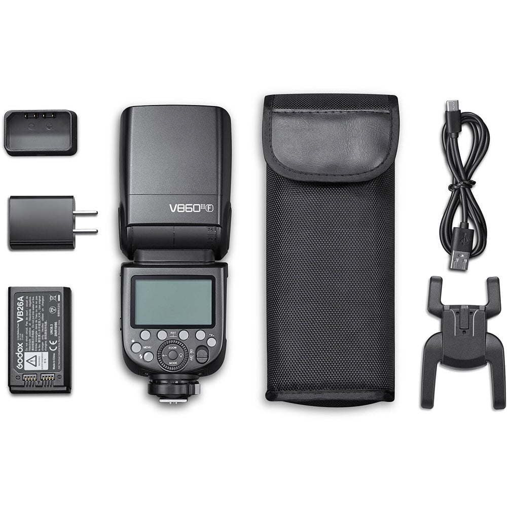Godox V860 III speedlight for Fujifilm – black flash unit with tilting head, LCD panel, and removable lithium battery.