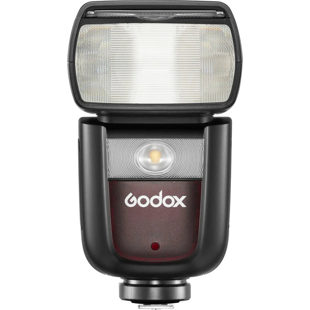 Godox V860 III speedlight for Nikon — black flash unit with tilting head, LCD display, and removable lithium-ion battery.