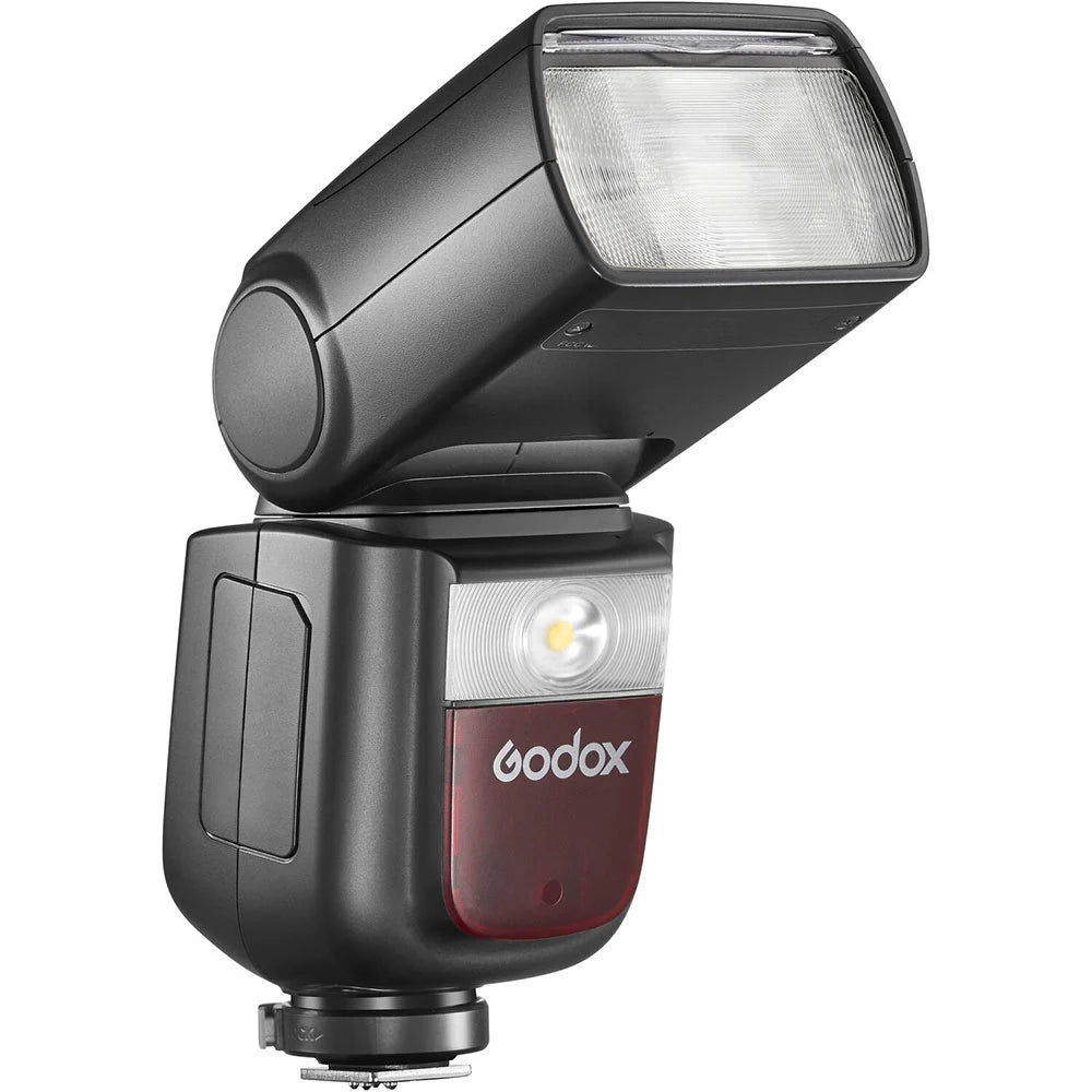 Godox V860 III speedlight for Nikon — black flash unit with tilting head, LCD display, and removable lithium-ion battery.