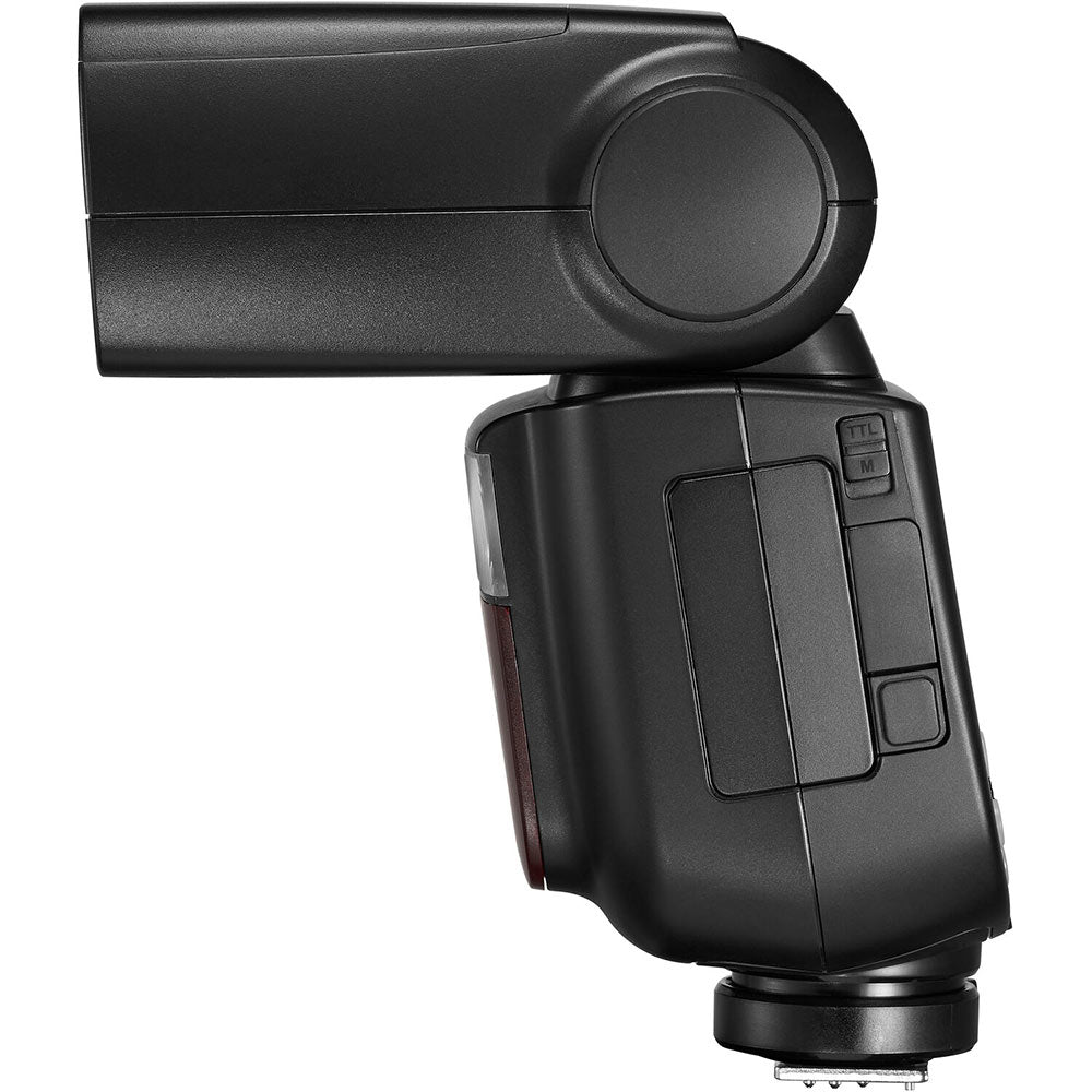 Godox V860 III speedlight for Nikon — black flash unit with tilting head, LCD display, and removable lithium-ion battery.