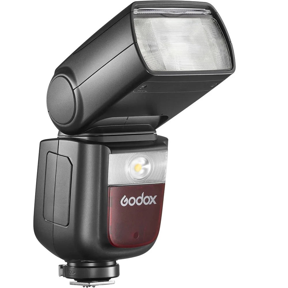 Godox V860 III speedlight for Sony — black flash unit with tilting head, display panel, and removable lithium battery.