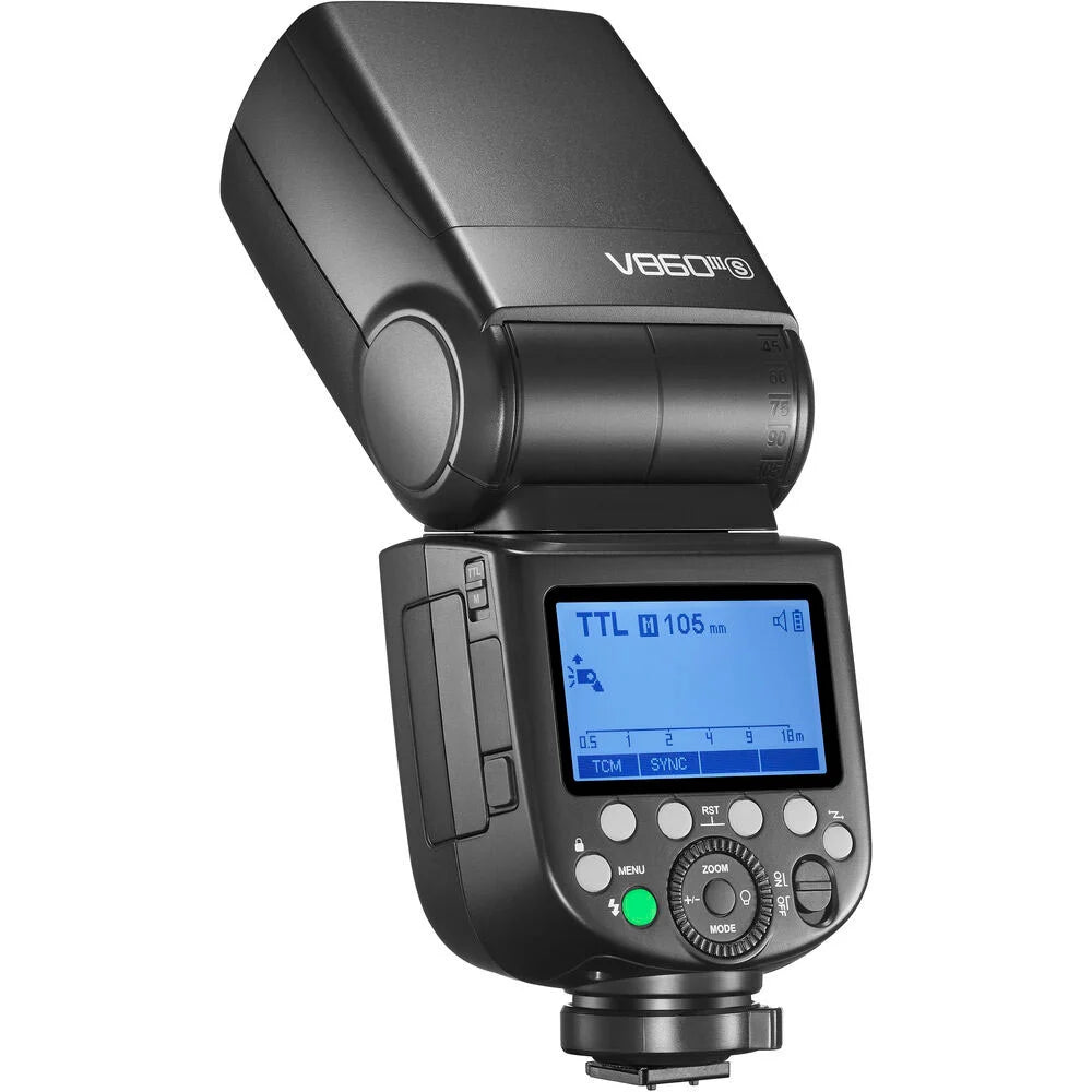 Godox V860 III speedlight for Sony — black flash unit with tilting head, display panel, and removable lithium battery.