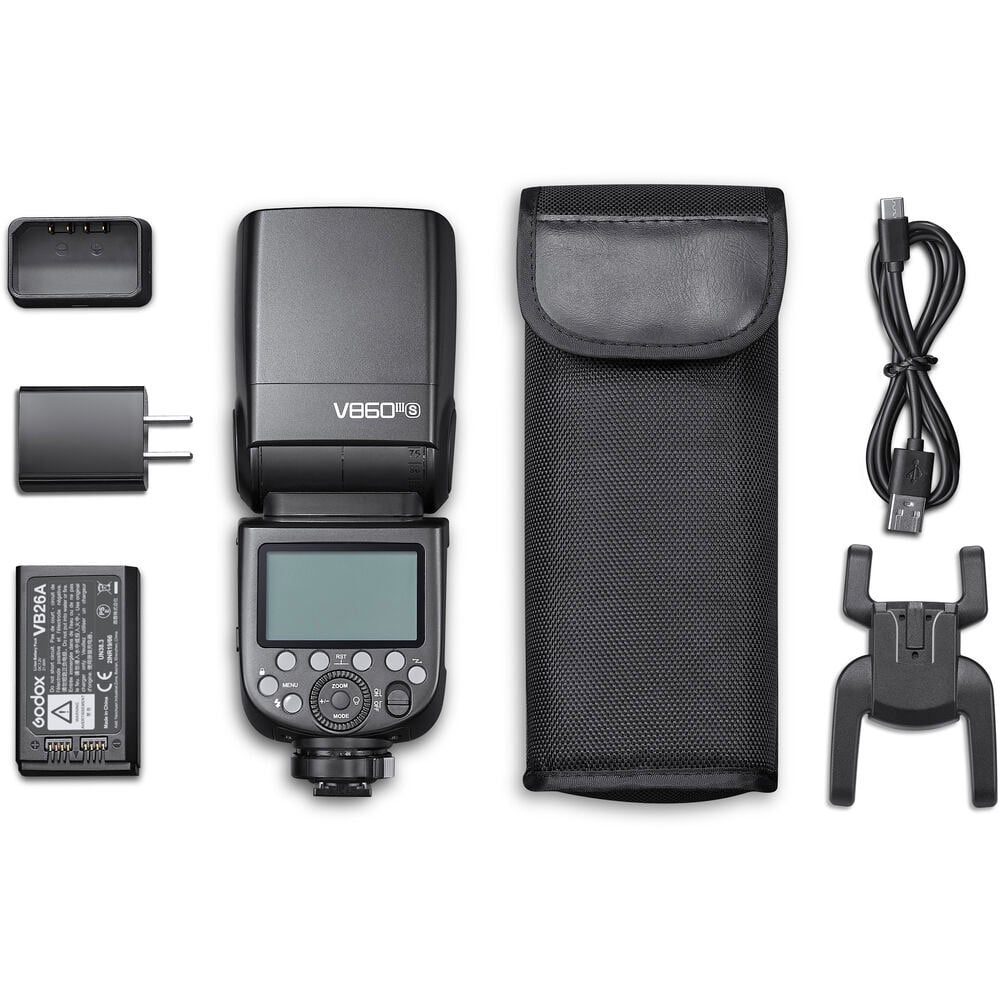 Godox V860 III speedlight for Sony — black flash unit with tilting head, display panel, and removable lithium battery.
