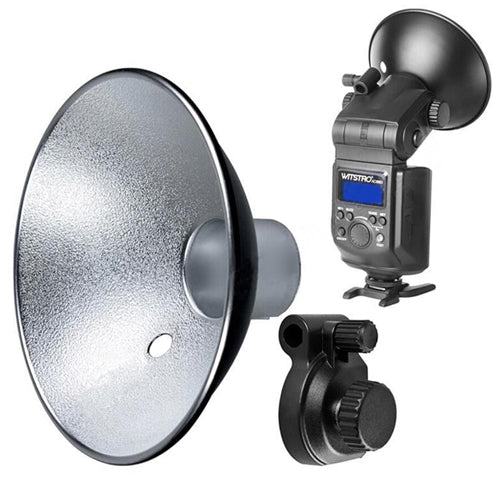 Reflective photography diffuser with mounting bracket on a white background