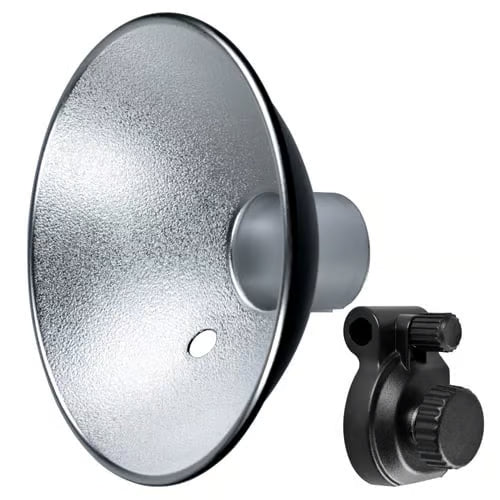 Reflective photography diffuser with mounting bracket on a white background