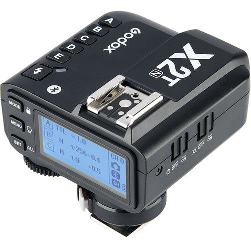 Godox X2T-N TTL Wireless Flash Trigger Transmitter for Nikon – 2.4GHz wireless system, 100m range, high-speed sync up to 1/8000s, Bluetooth control via GodoxPhoto app, 5 groups, 32 channels, backlit LCD, quick-lock hot shoe.