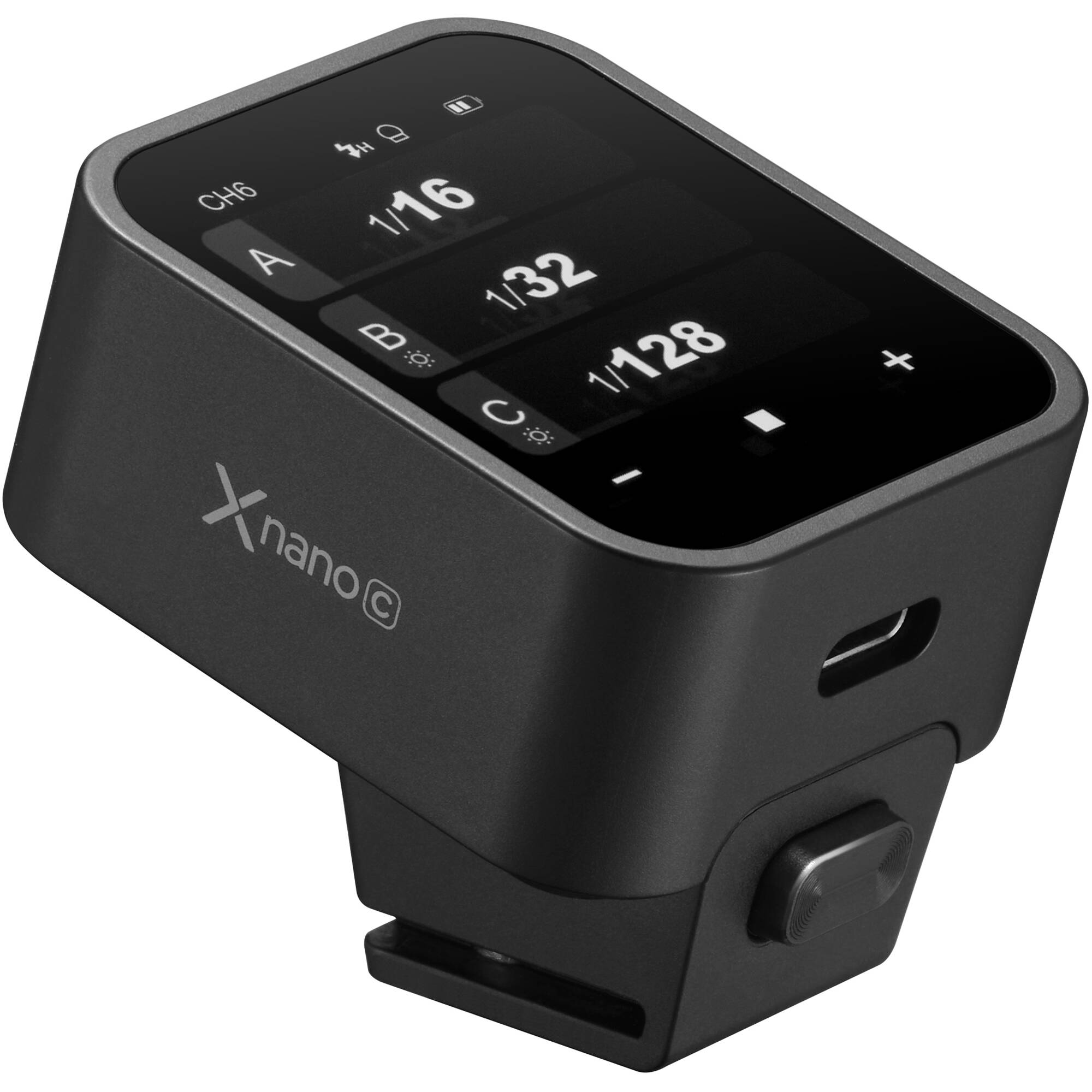Godox X3 Touchscreen TTL Wireless Flash Trigger for Sony/Canon, compact black unit with OLED touchscreen, hot-shoe mount, and USB-C port.