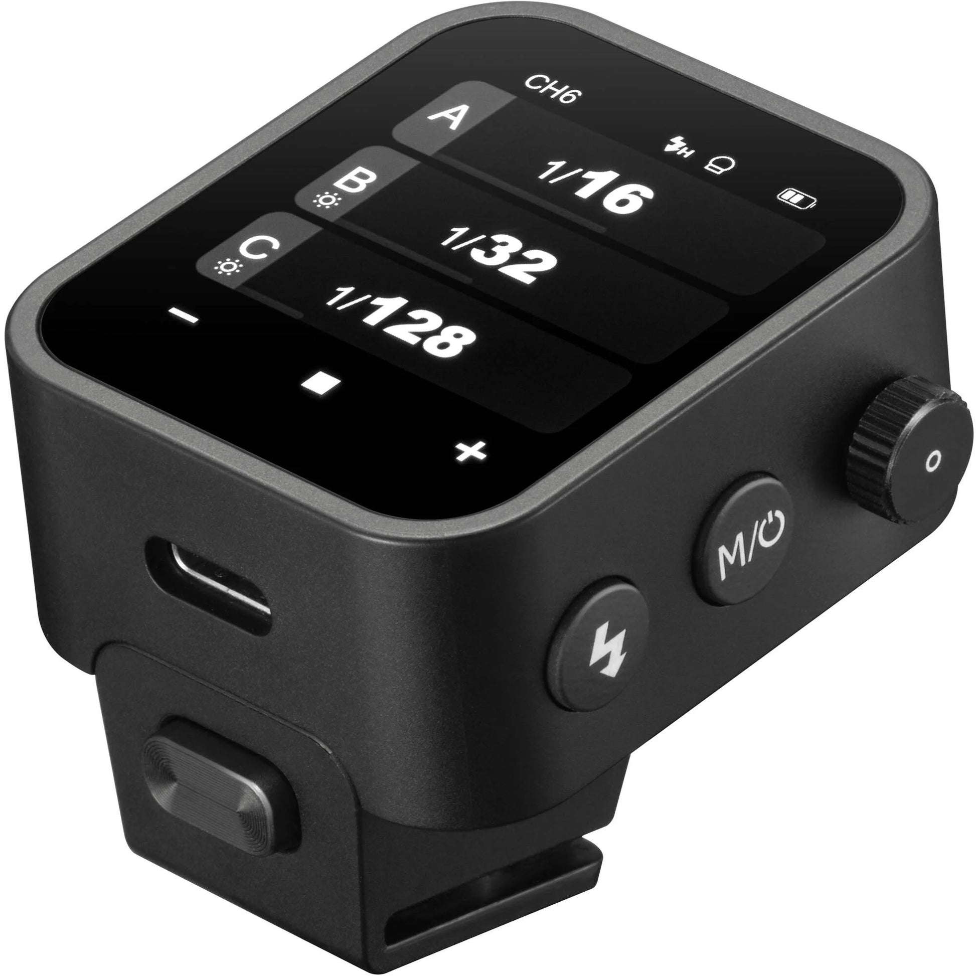 Godox X3 Touchscreen TTL Wireless Flash Trigger for Fujifilm — compact black unit with OLED touchscreen, hot-shoe mount, and USB-C port.