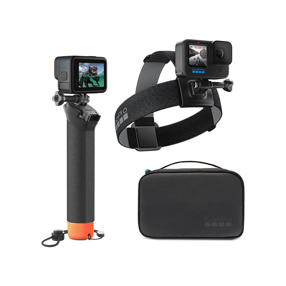 GoPro camera with accessories including a head strap, selfie stick, and carrying case on a white background.