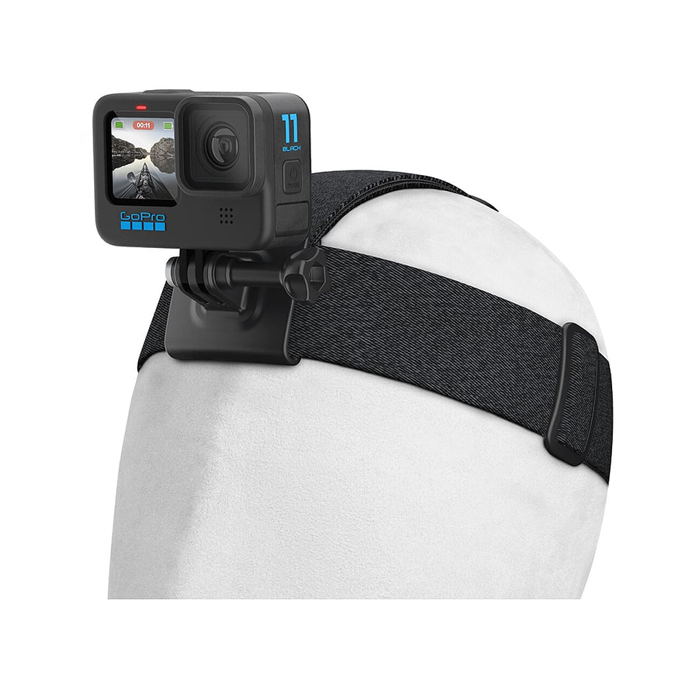 GoPro camera mounted on a helmet with a white background