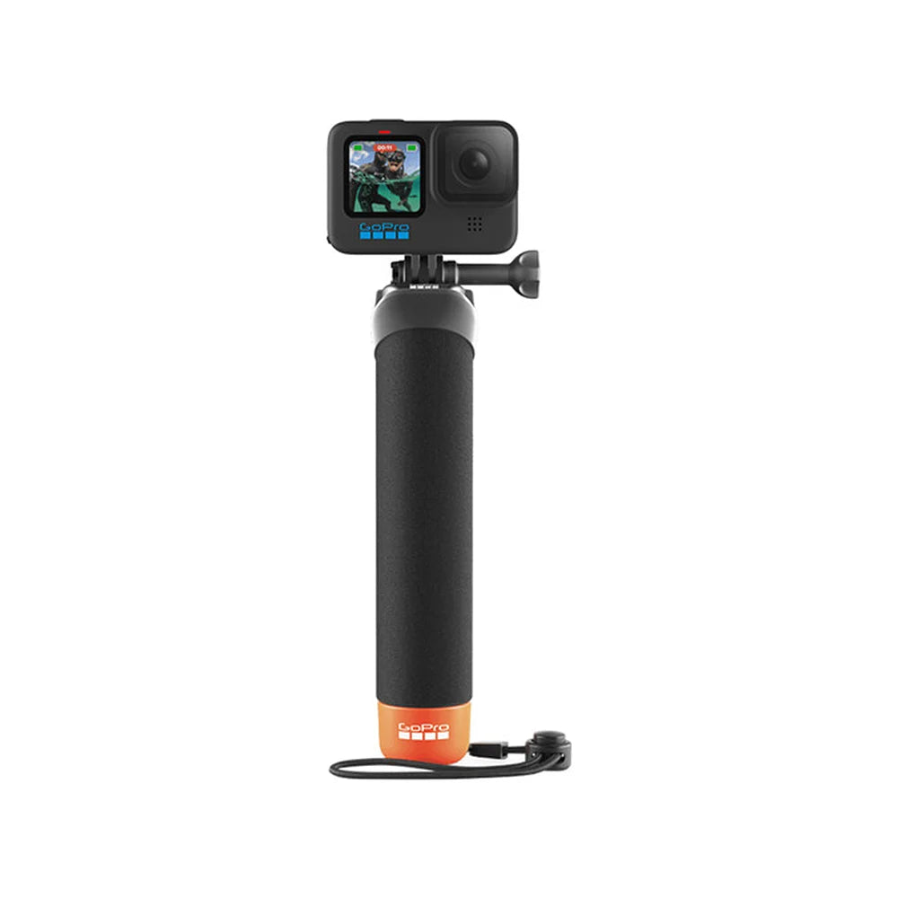 Action camera with a black and orange handle on a white background
