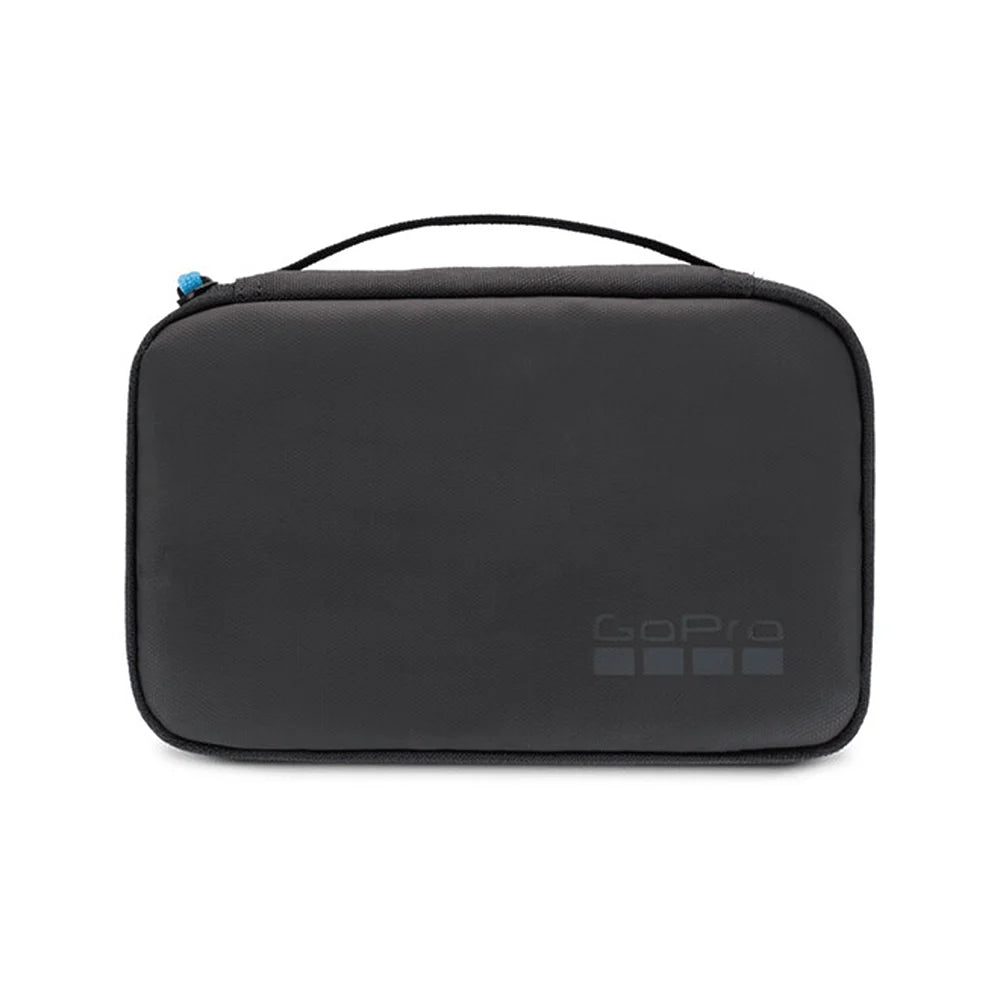 Black GoPro carrying case on a white background