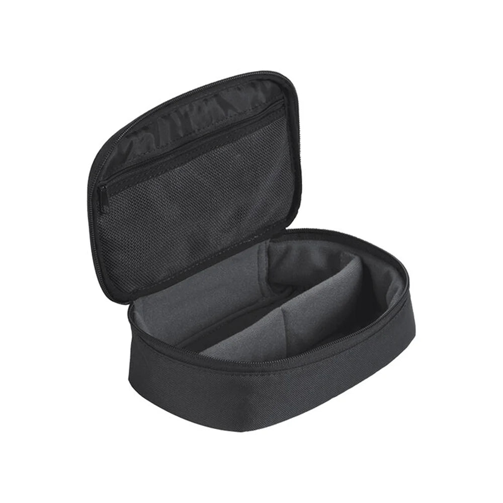 Black travel case with mesh interior on a white background