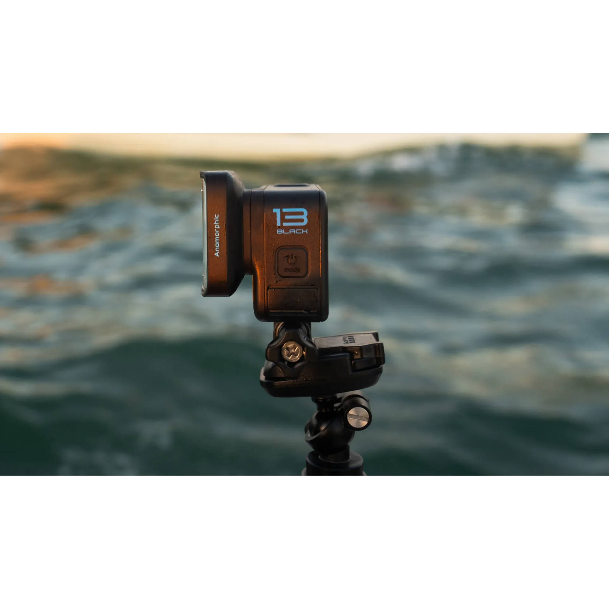 GoPro Anamorphic Lens Mod for HERO13 Black delivering ultra-wide 21:9 cinematic footage with distinctive horizontal lens flares and in-camera de-squeezing for a straightened widescreen look.