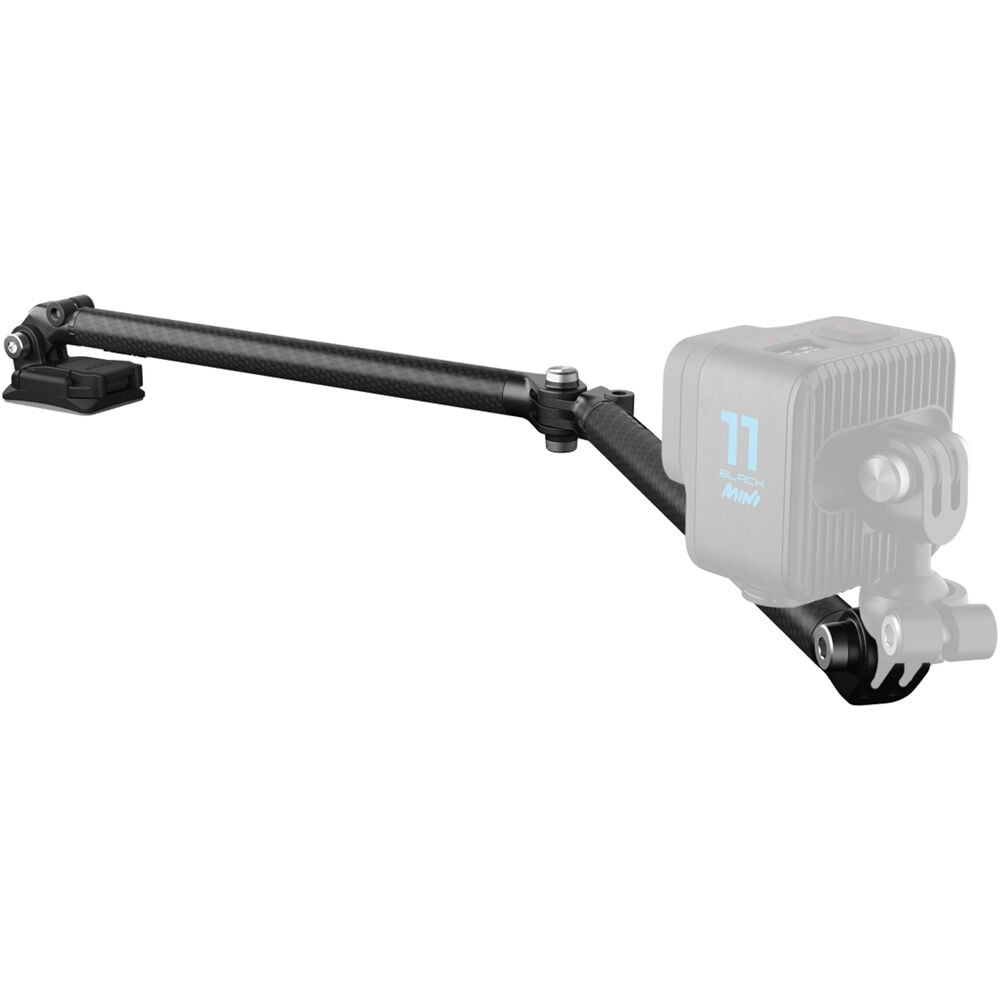 GoPro Boom + Adhesive Mounts kit with dual folding carbon fiber arms extending 25-53cm, ball-joint camera mount with 360° swivel, flat and curved adhesive mounts, and triangulation support slider for versatile and stable camera angles.