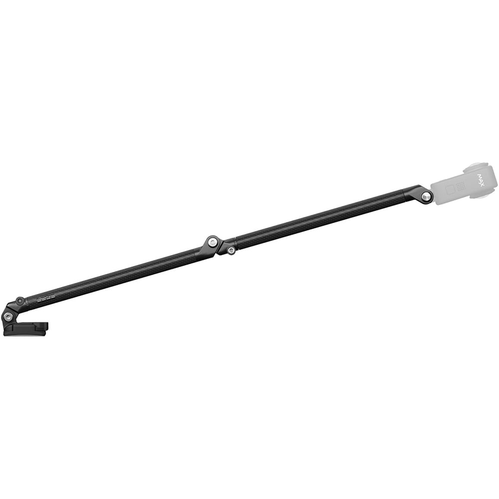 GoPro Boom + Adhesive Mounts kit with dual folding carbon fiber arms extending 25-53cm, ball-joint camera mount with 360° swivel, flat and curved adhesive mounts, and triangulation support slider for versatile and stable camera angles.