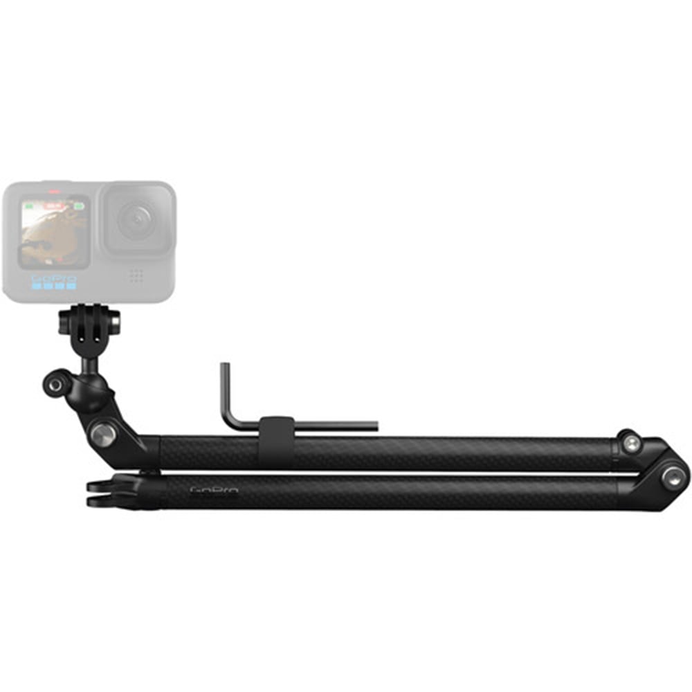 GoPro Boom + Adhesive Mounts kit with dual folding carbon fiber arms extending 25-53cm, ball-joint camera mount with 360° swivel, flat and curved adhesive mounts, and triangulation support slider for versatile and stable camera angles.