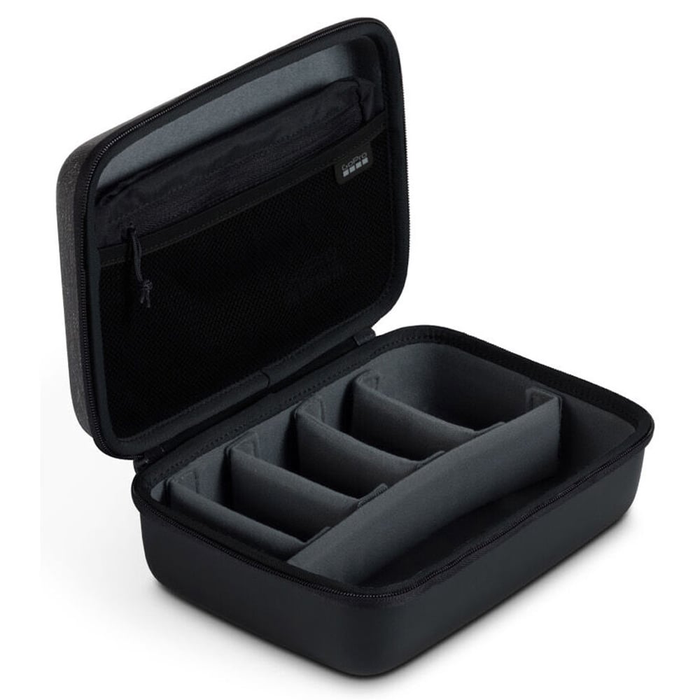 Black travel case with compartments on a white background