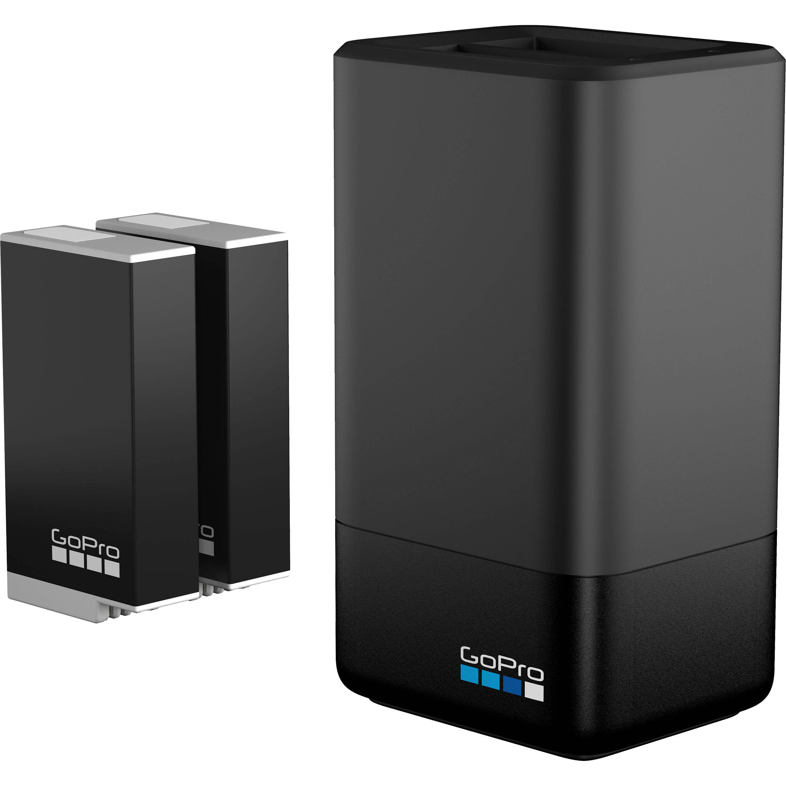 GoPro Dual Battery Charger with two Enduro rechargeable lithium-ion batteries for MAX, 1600mAh capacity, USB-C charging port, LED charging indicators, optimized for fast charging and cold weather performance.