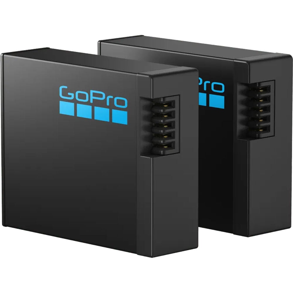 Two black GoPro battery chargers on a white background