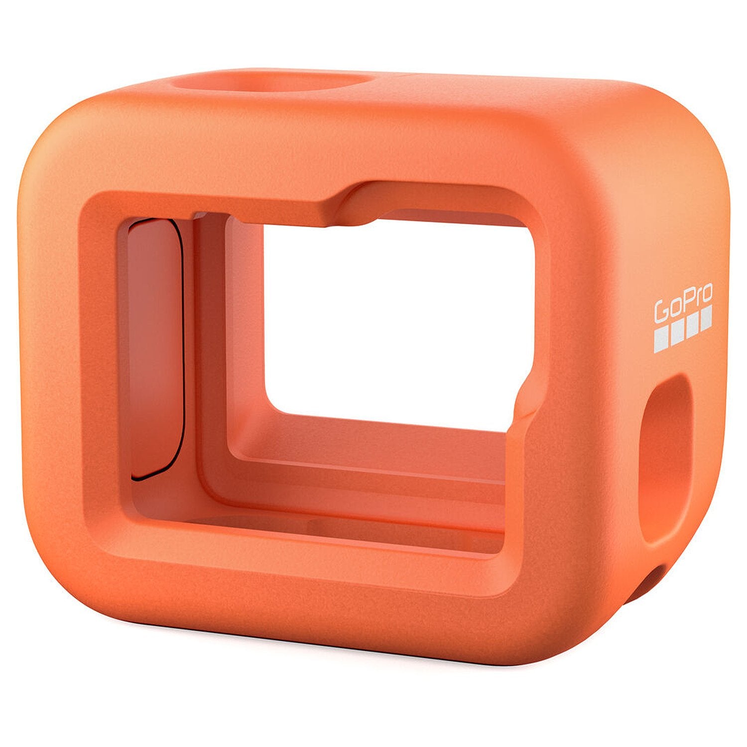 Orange protective case for GoPro cameras on a white background