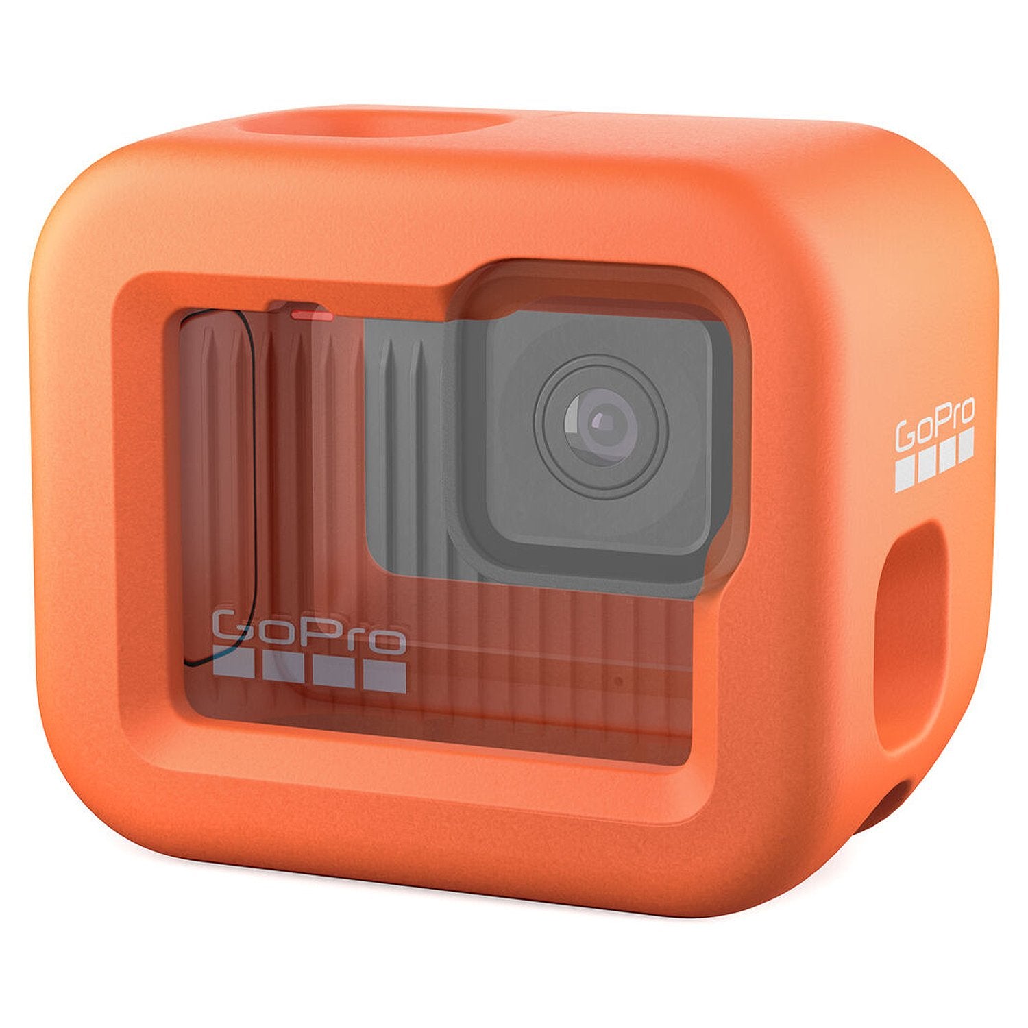 Orange GoPro camera case on a white background