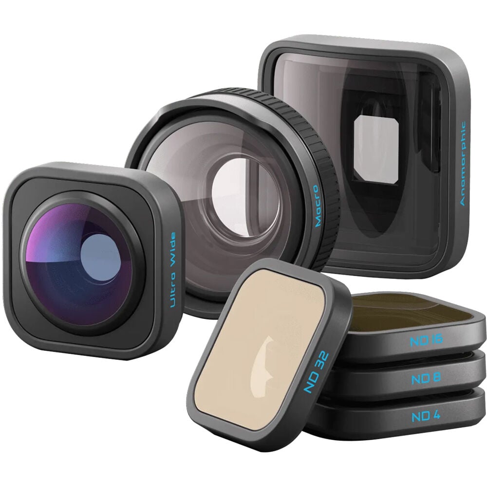 GoPro HB-Series Lens Collection including Ultra Wide Lens Mod, Macro Lens Mod, Anamorphic Lens Mod, and 4 Neutral Density Filters; expands HERO13 Black’s field of view, enables cinematic 21:9 footage, detailed close-ups, and smooth stabilized videos with waterproof, scratch-resistant lenses.