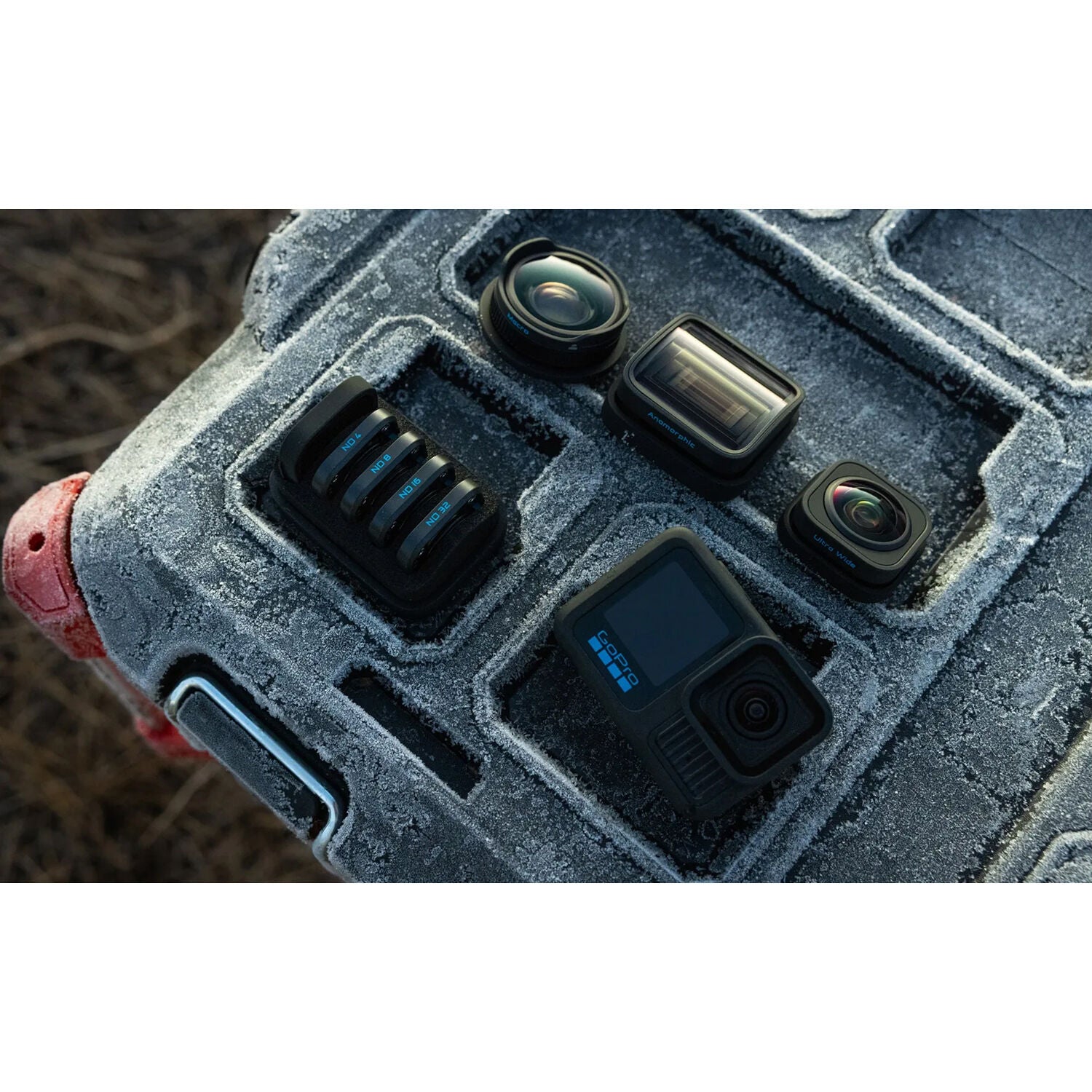 GoPro HB-Series Lens Collection including Ultra Wide Lens Mod, Macro Lens Mod, Anamorphic Lens Mod, and 4 Neutral Density Filters; expands HERO13 Black’s field of view, enables cinematic 21:9 footage, detailed close-ups, and smooth stabilized videos with waterproof, scratch-resistant lenses.
